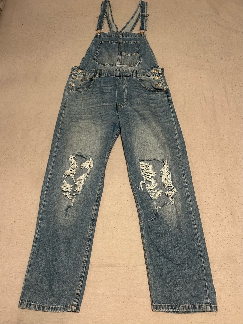 We The Free Light Blue Distressed Denim Overalls Jumpsuit